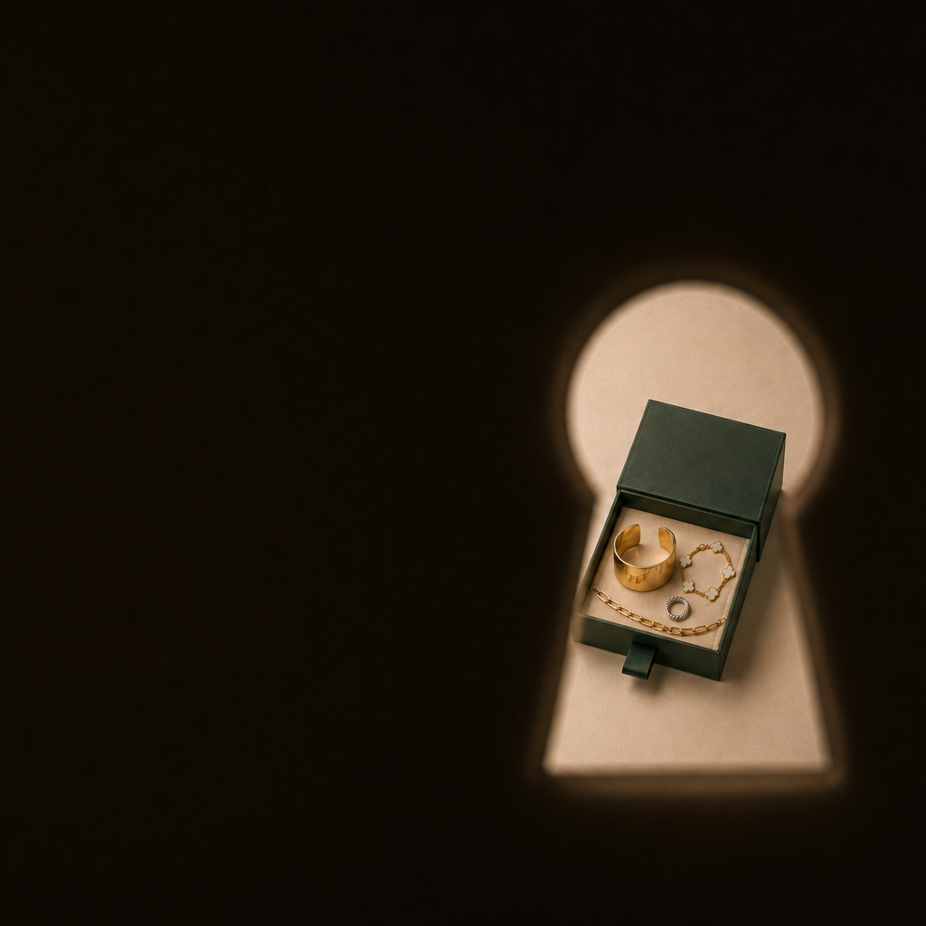 An open dark green jewelry box containing gold rings and a necklace, placed inside a keyhole-shaped spotlight on a black background.